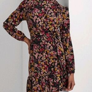Ralph Lauren Shirt Dress Floral Long Sleeves Midi Jersy Stretch Ruffled Hem Sz 4